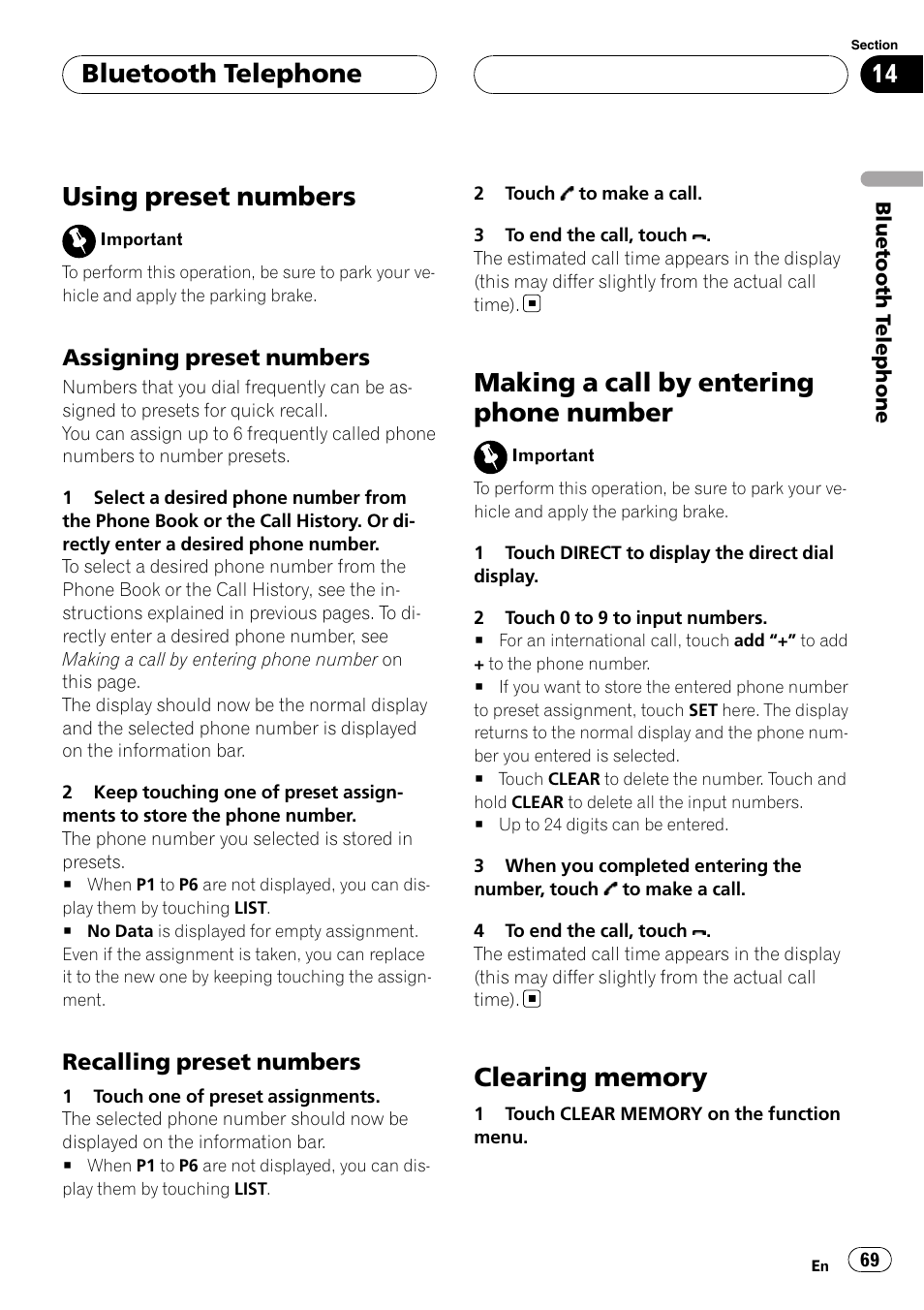 Using preset numbers, Making a call by entering phone number, Clearing memory | Bluetooth telephone, Assigning preset numbers, Recalling preset numbers | Pioneer AVH-P7900DVD User Manual | Page 69 / 137