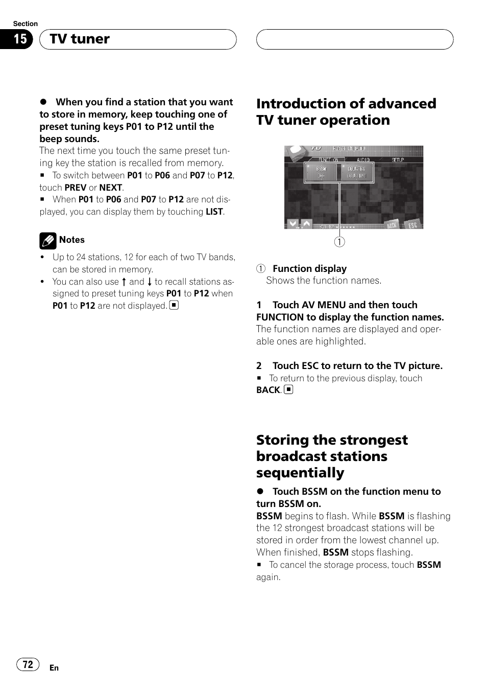 Introduction of advanced tv tuner, Operation, Storing the strongest broadcast stations | Sequentially, Introduction of advanced tv tuner operation, Tv tuner | Pioneer AVH-P7900DVD User Manual | Page 72 / 137