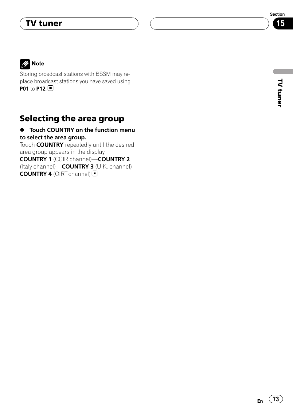 Selecting the area group, Tv tuner | Pioneer AVH-P7900DVD User Manual | Page 73 / 137