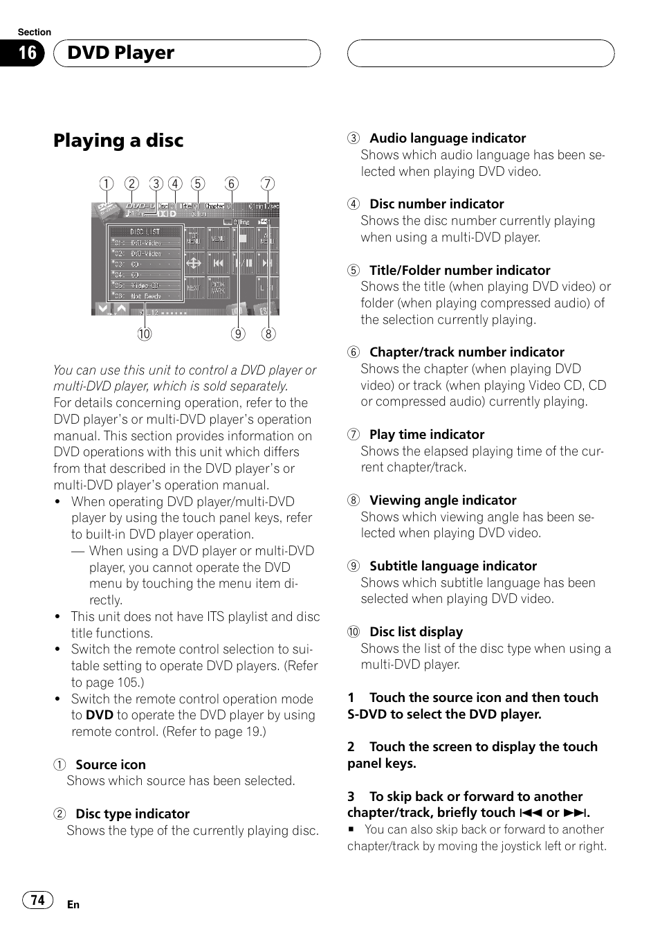 Dvd player playing a disc, Playing a disc, Dvd player | Pioneer AVH-P7900DVD User Manual | Page 74 / 137