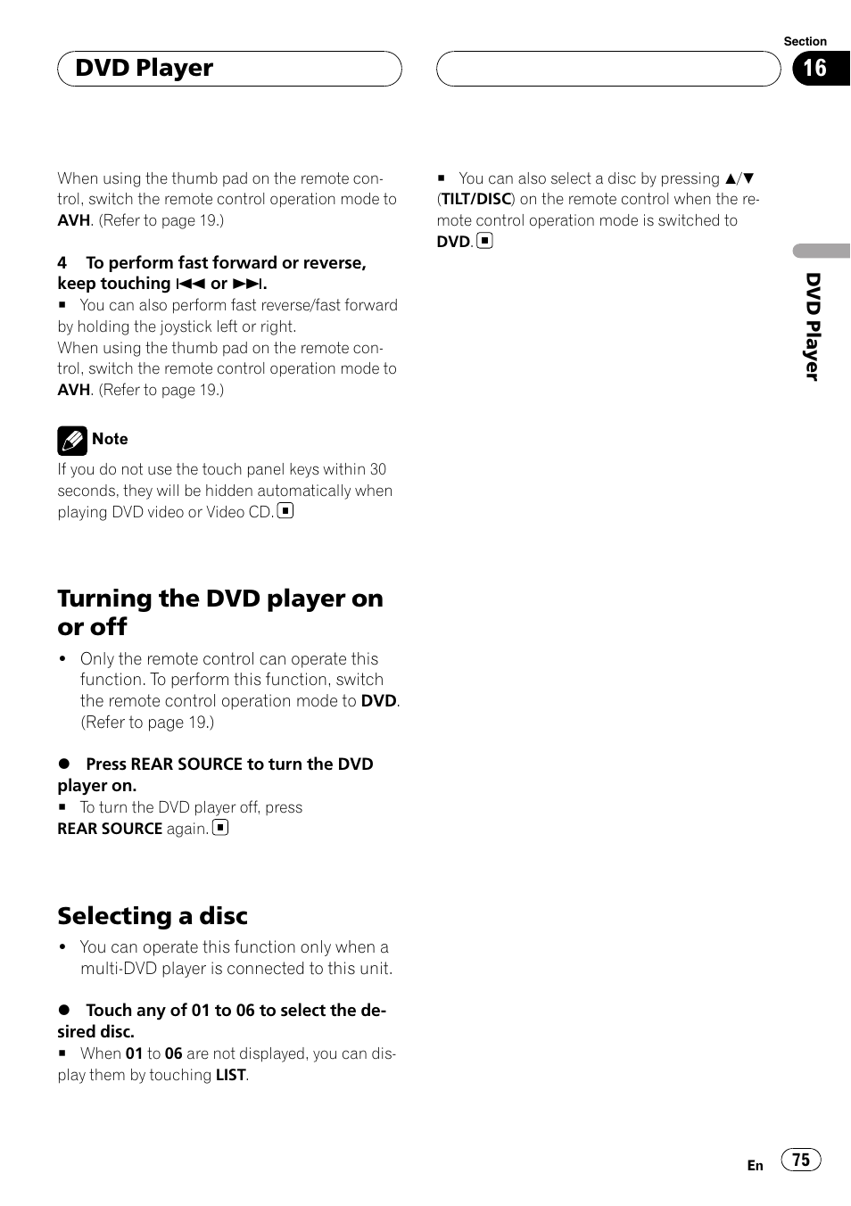 Turning the dvd player on or off, Selecting a disc, Dvd player | Pioneer AVH-P7900DVD User Manual | Page 75 / 137