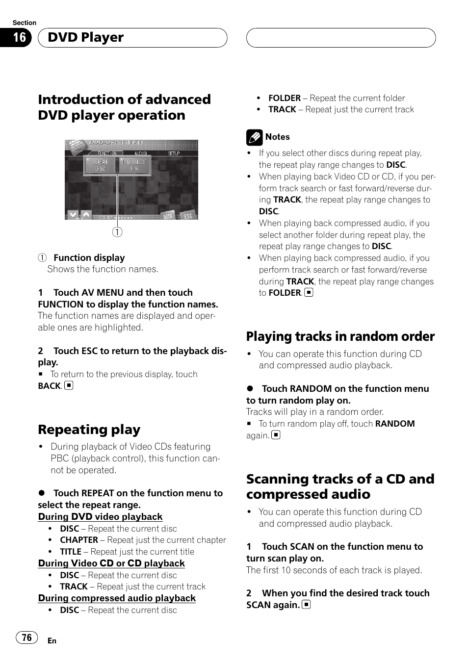 Introduction of advanced dvd player, Operation, Repeating play | Playing tracks in random order, Scanning tracks of a cd and compressed, Audio, Introduction of advanced dvd player operation, Scanning tracks of a cd and compressed audio, Dvd player | Pioneer AVH-P7900DVD User Manual | Page 76 / 137