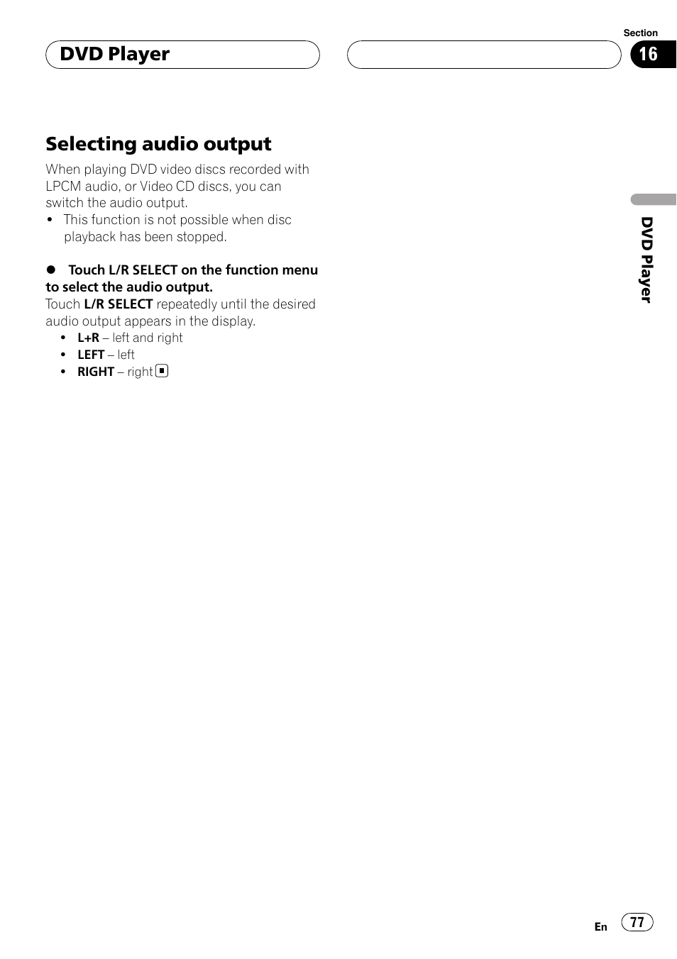 Selecting audio output, Dvd player | Pioneer AVH-P7900DVD User Manual | Page 77 / 137