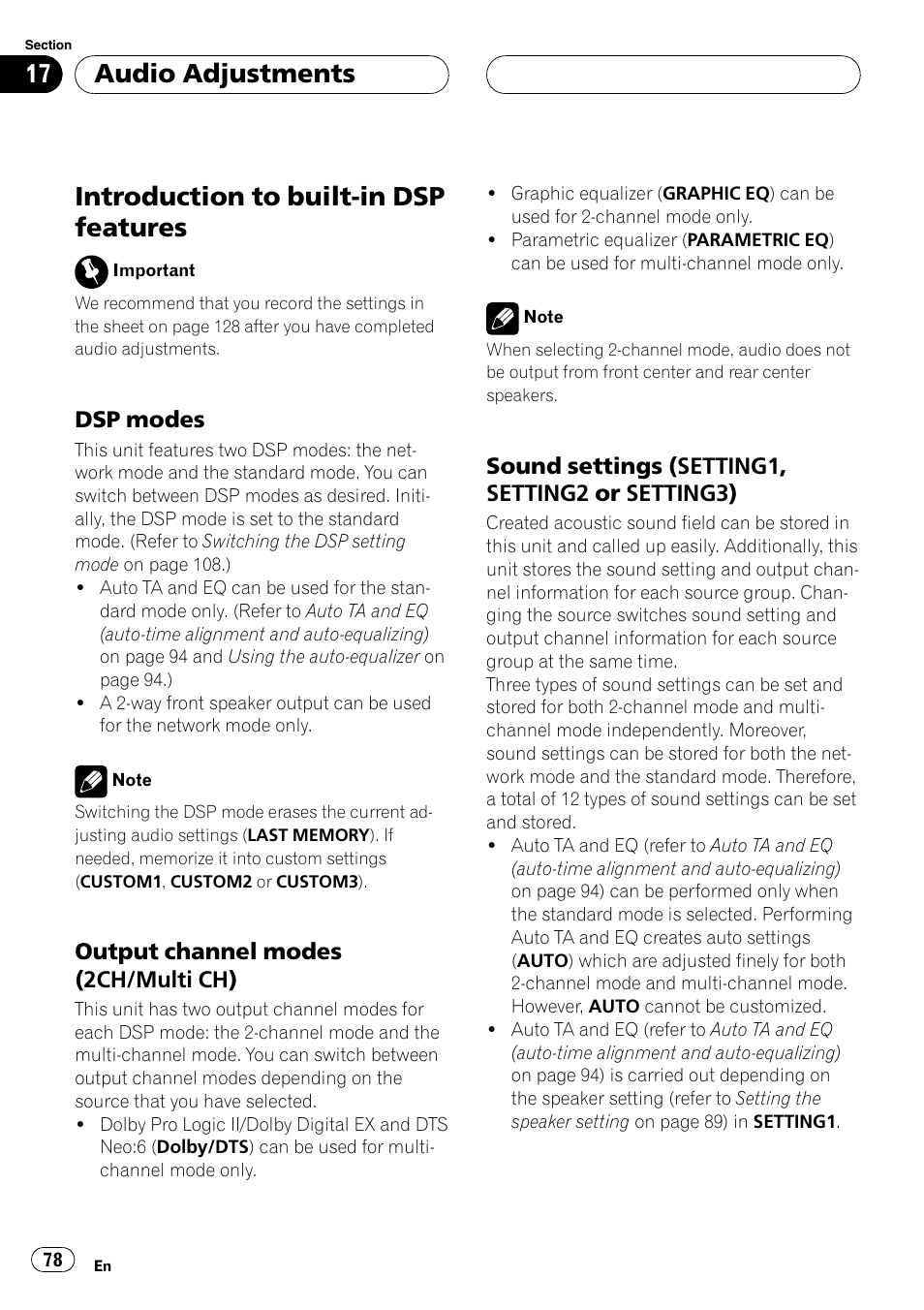 Introduction to built-in dsp features, Audio adjustments, Dsp modes | Output channel modes (2ch/multi ch), Sound settings (setting1, setting2 or setting3) | Pioneer AVH-P7900DVD User Manual | Page 78 / 137
