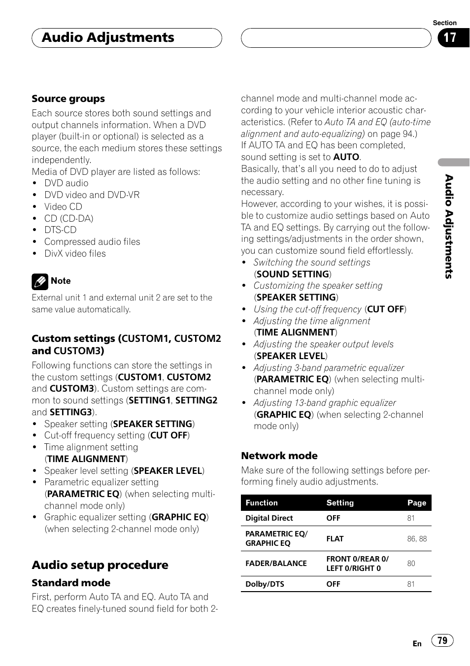 Audio adjustments, Audio setup procedure | Pioneer AVH-P7900DVD User Manual | Page 79 / 137