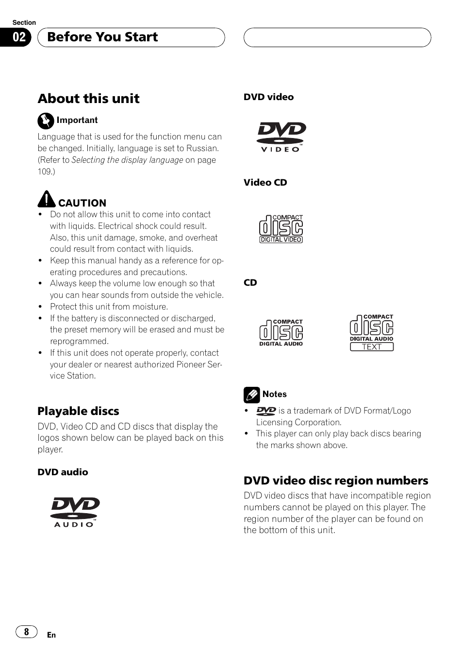 Playable discs 8, Dvd video disc region numbers 8, Before you start about this unit | About this unit, Before you start, Playable discs, Dvd video disc region numbers | Pioneer AVH-P7900DVD User Manual | Page 8 / 137