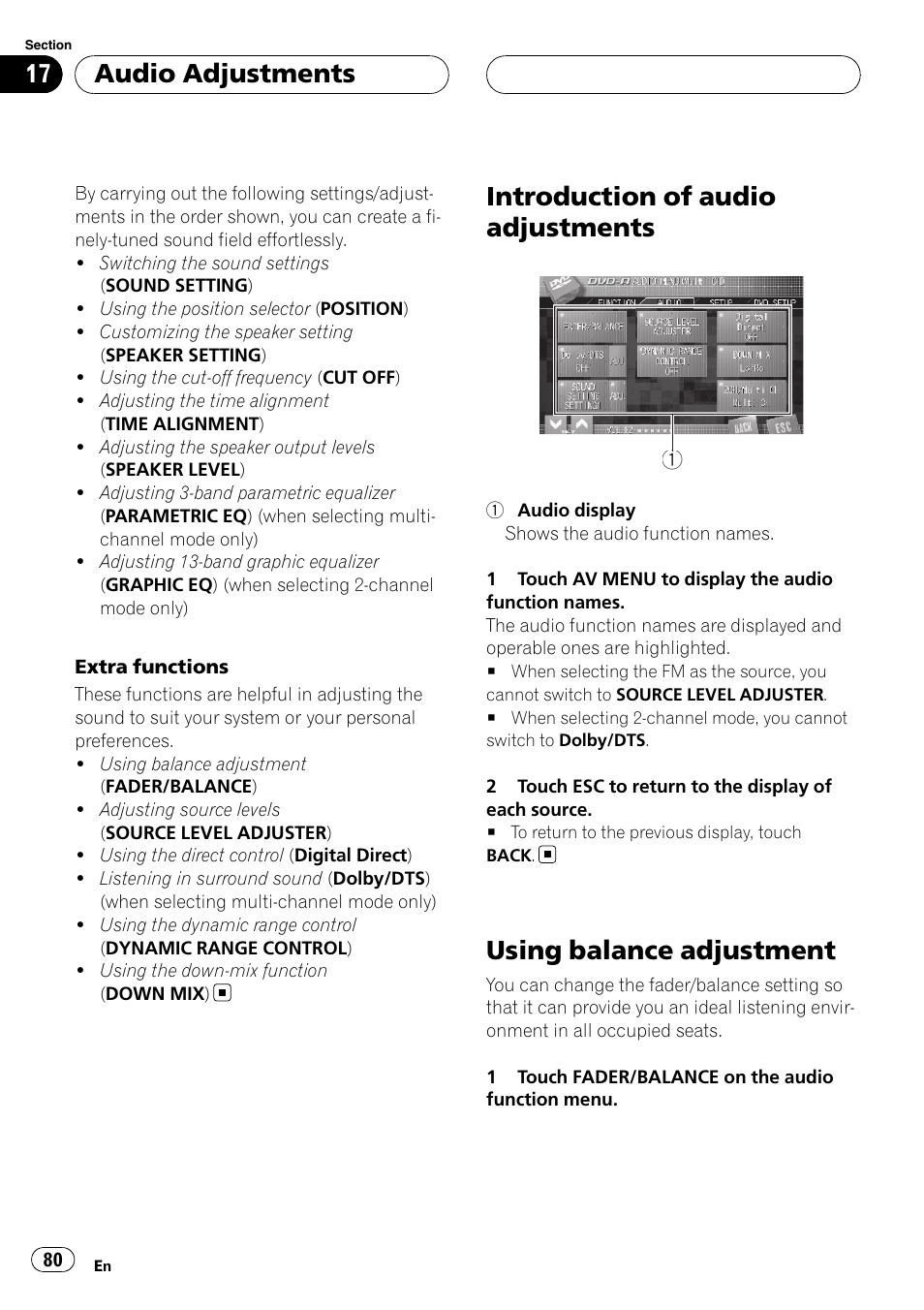 Introduction of audio adjustments, Using balance adjustment, Using bal | Audio adjustments | Pioneer AVH-P7900DVD User Manual | Page 80 / 137