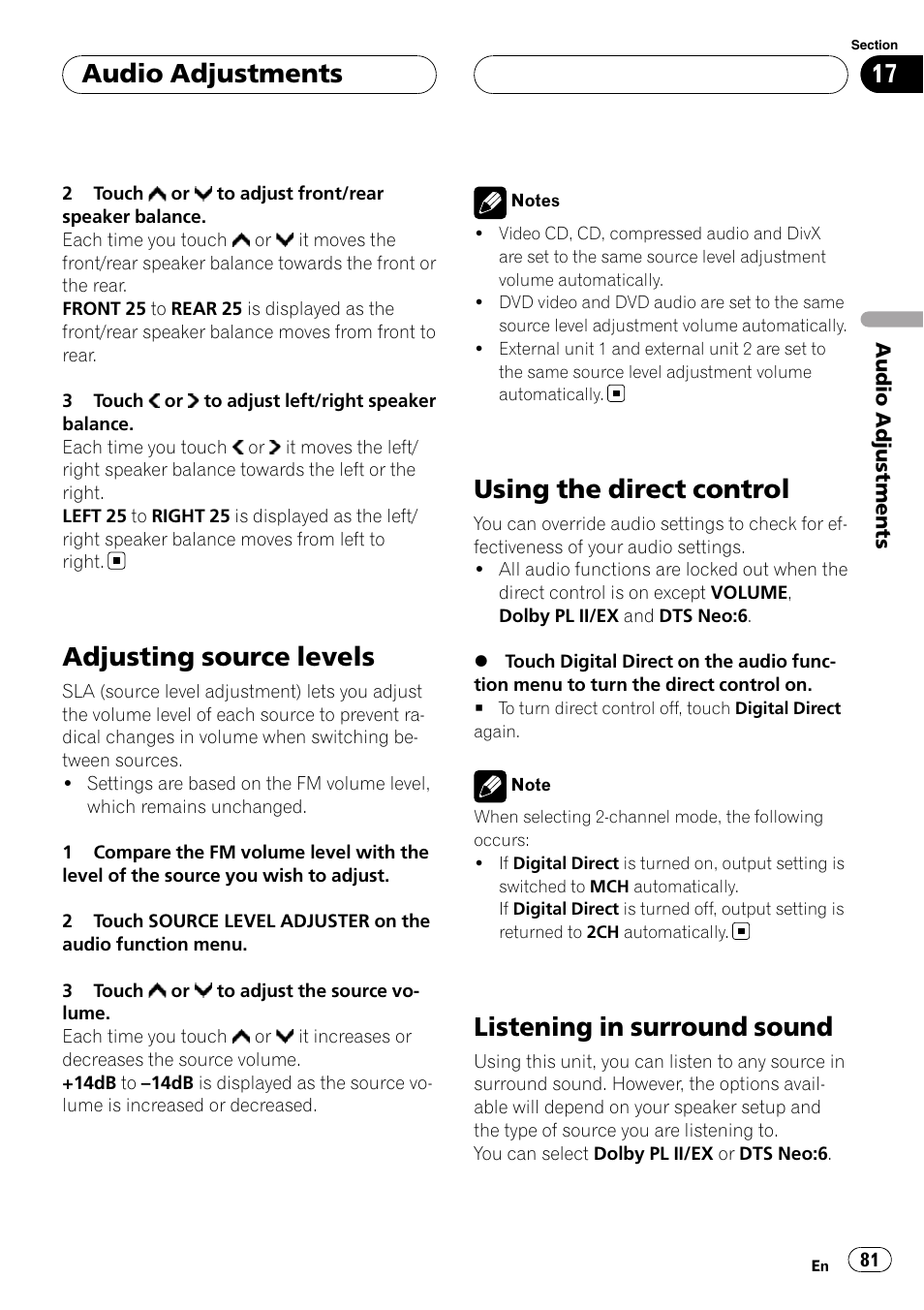 Adjusting source levels, Using the direct control, Listening in surround sound | Audio adjustments | Pioneer AVH-P7900DVD User Manual | Page 81 / 137
