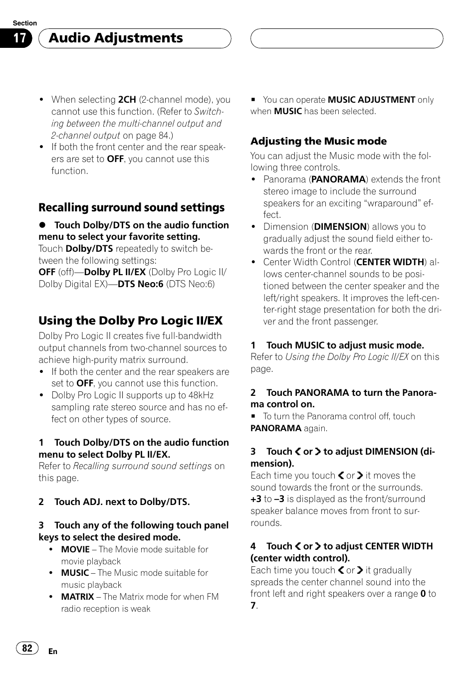 Audio adjustments, Recalling surround sound settings, Using the dolby pro logic ii/ex | Pioneer AVH-P7900DVD User Manual | Page 82 / 137