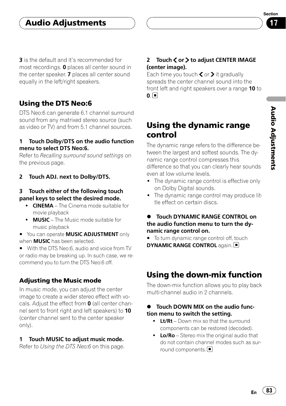 Using the dynamic range control, Using the down-mix function, Audio adjustments | Using the dts neo:6 | Pioneer AVH-P7900DVD User Manual | Page 83 / 137