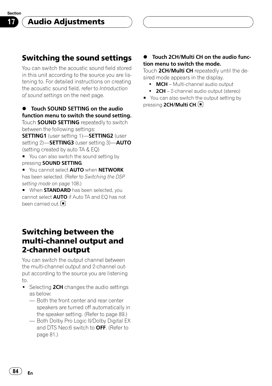 Switching the sound settings, Switching between the multi-channel output, And 2-channel output | Audio adjustments | Pioneer AVH-P7900DVD User Manual | Page 84 / 137