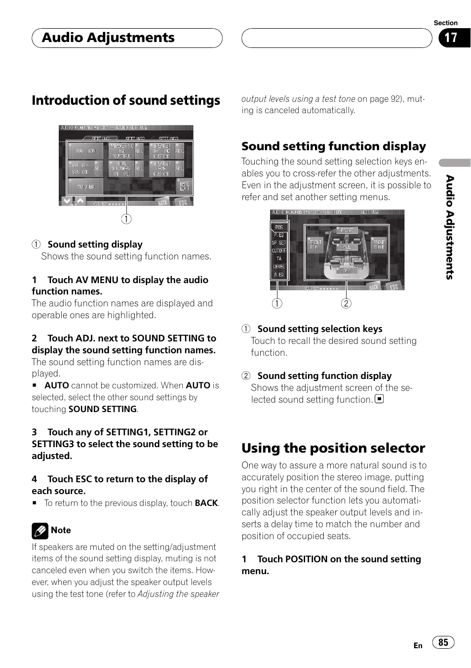 Introduction of sound settings, Using the position selector, Audio adjustments | Pioneer AVH-P7900DVD User Manual | Page 85 / 137