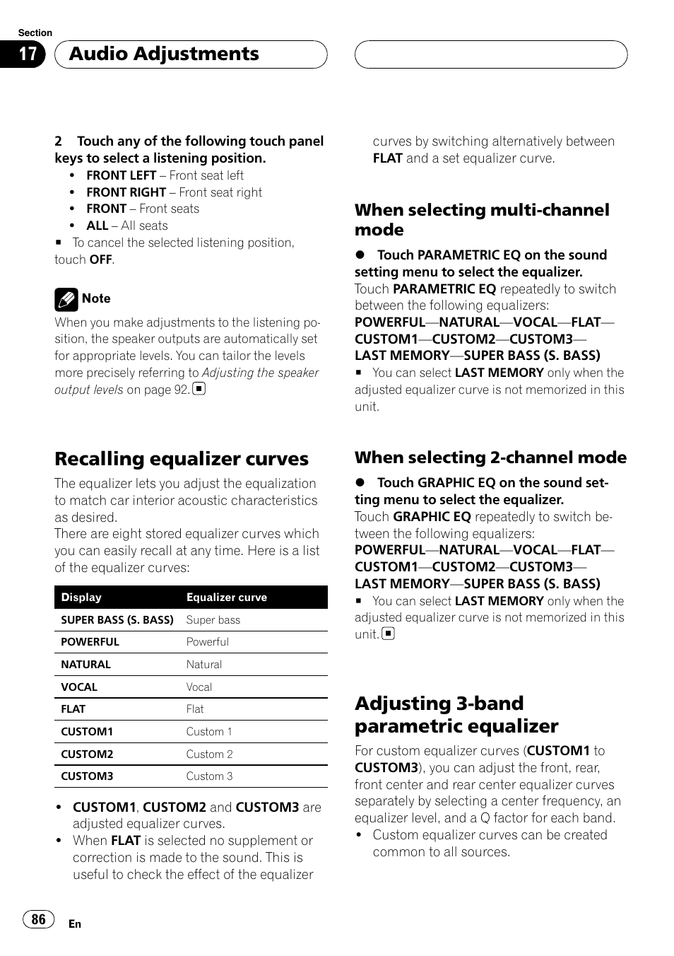 Recalling equalizer curves, Adjusting 3-band parametric equalizer, Audio adjustments | When selecting multi-channel mode, When selecting 2-channel mode | Pioneer AVH-P7900DVD User Manual | Page 86 / 137