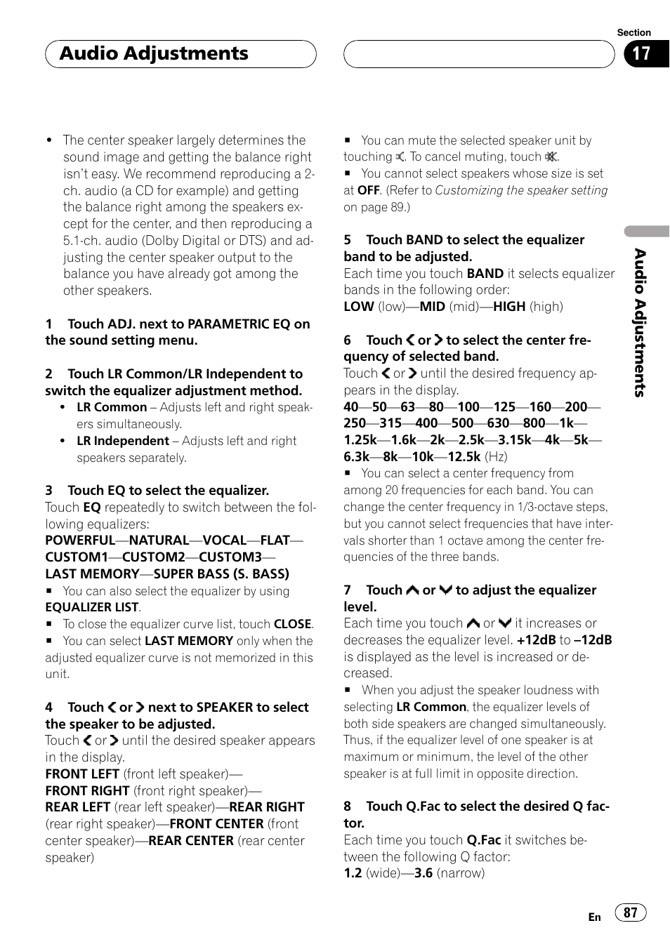 Audio adjustments | Pioneer AVH-P7900DVD User Manual | Page 87 / 137