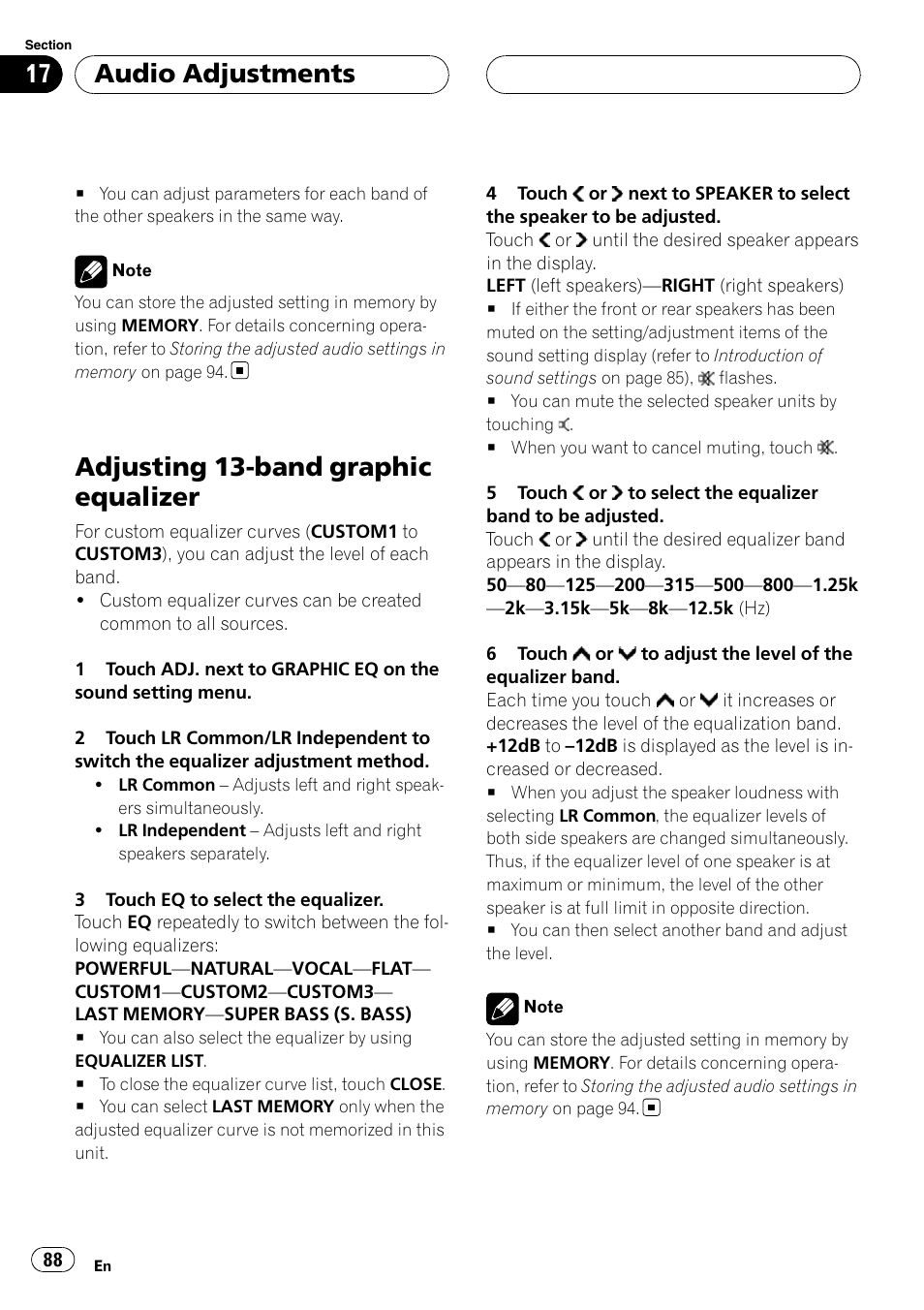 Adjusting 13-band graphic equalizer, Audio adjustments | Pioneer AVH-P7900DVD User Manual | Page 88 / 137