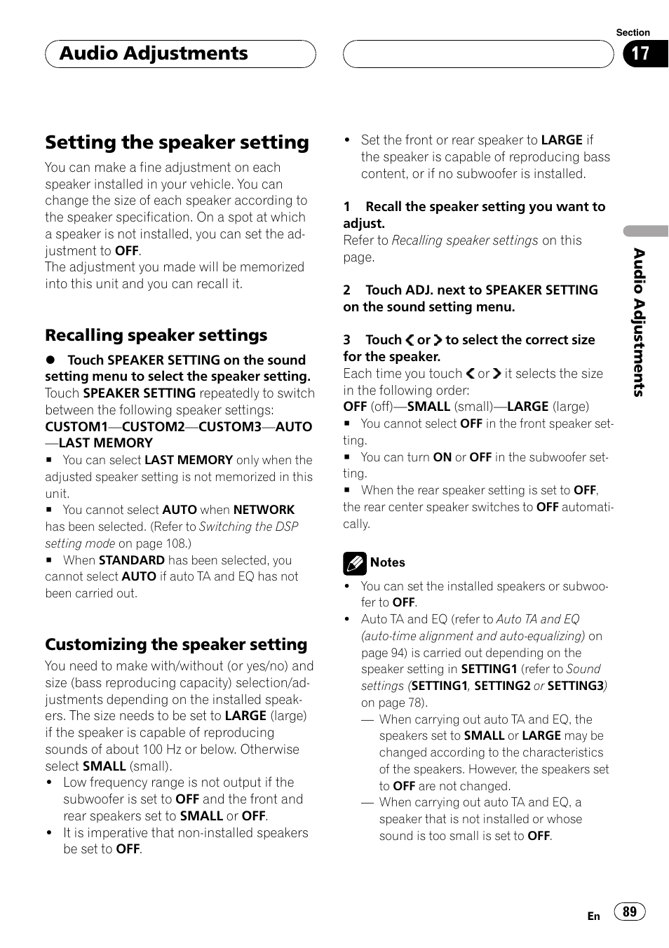 Setting the speaker setting, Customizing the speaker setting, Audio adjustments | Recalling speaker settings | Pioneer AVH-P7900DVD User Manual | Page 89 / 137