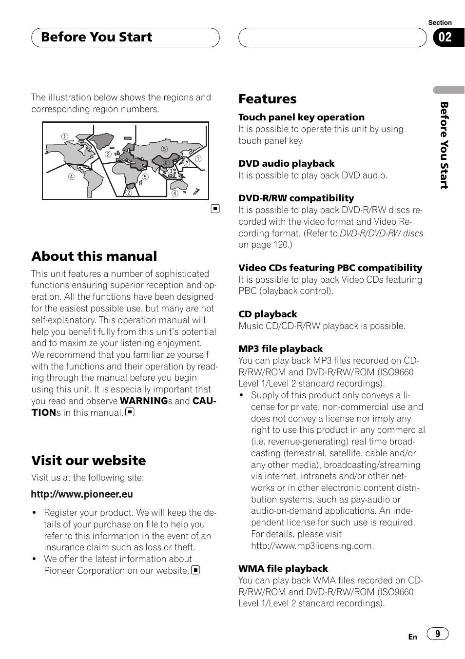 About this manual, Visit our website, Features | Before you start | Pioneer AVH-P7900DVD User Manual | Page 9 / 137