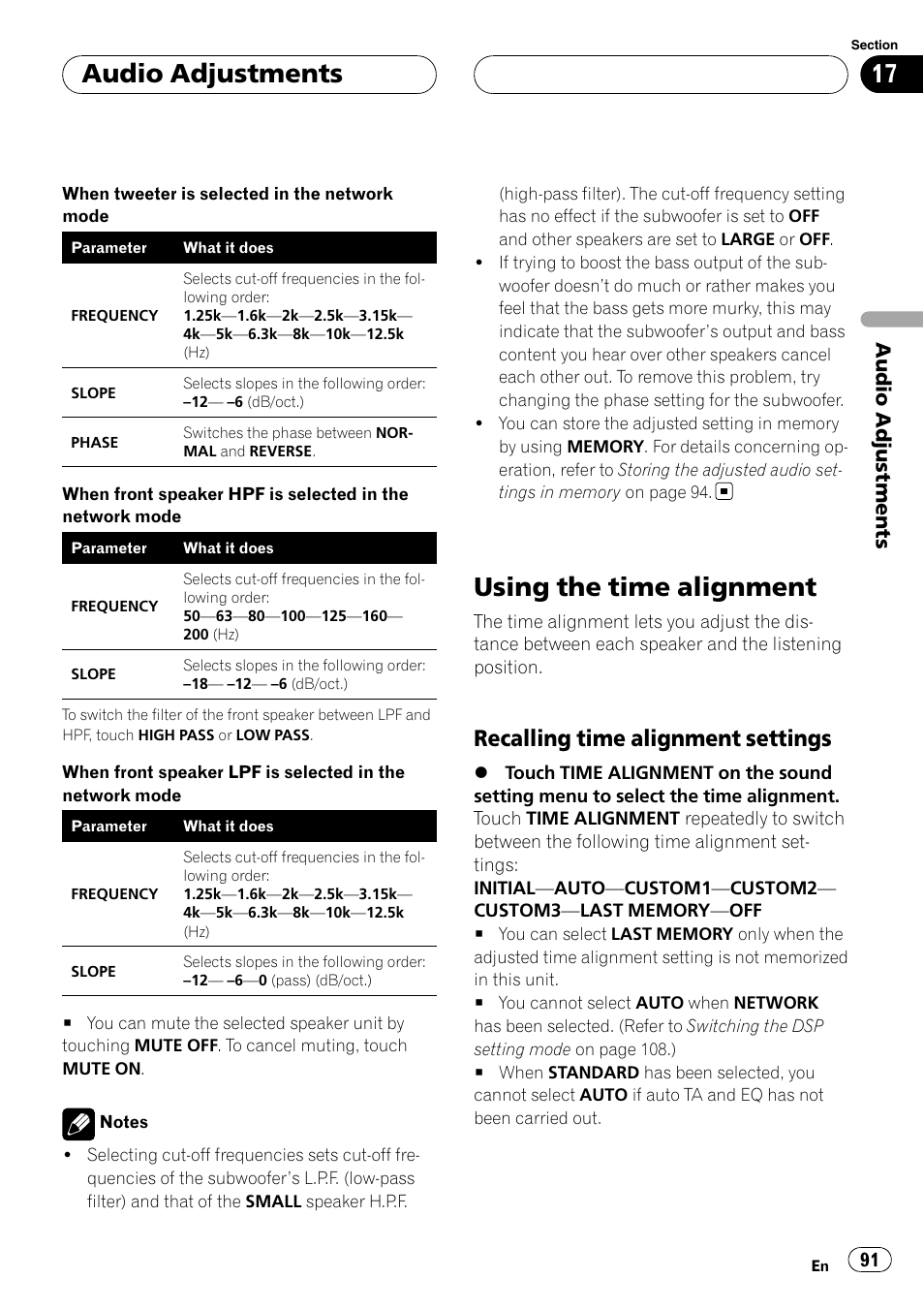 Using the time alignment, Audio adjustments, Recalling time alignment settings | Pioneer AVH-P7900DVD User Manual | Page 91 / 137