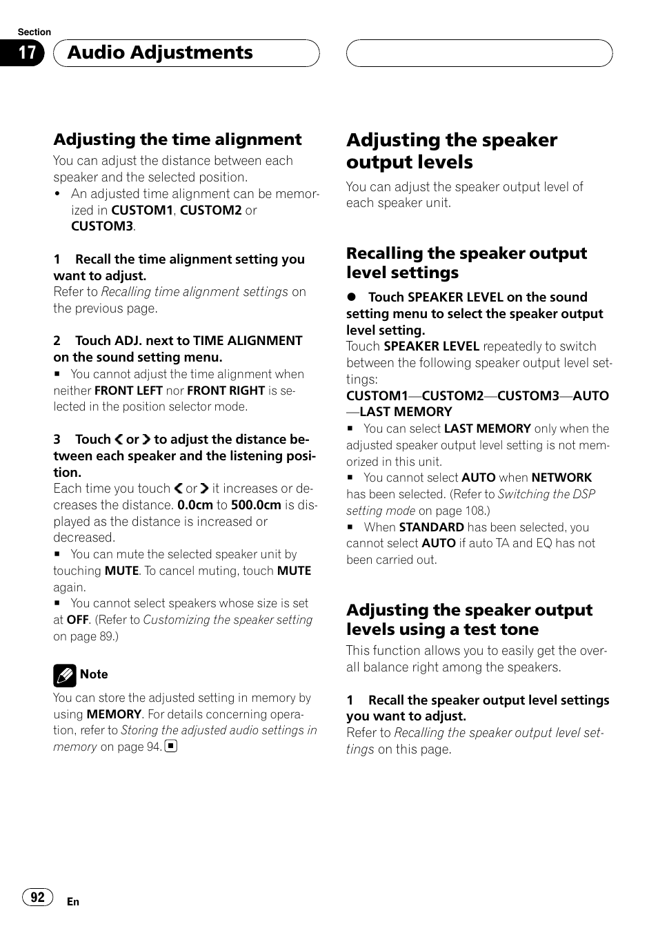 Adjusting the speaker output levels, Adjusting the time alignment, Audio adjustments | Recalling the speaker output level settings | Pioneer AVH-P7900DVD User Manual | Page 92 / 137