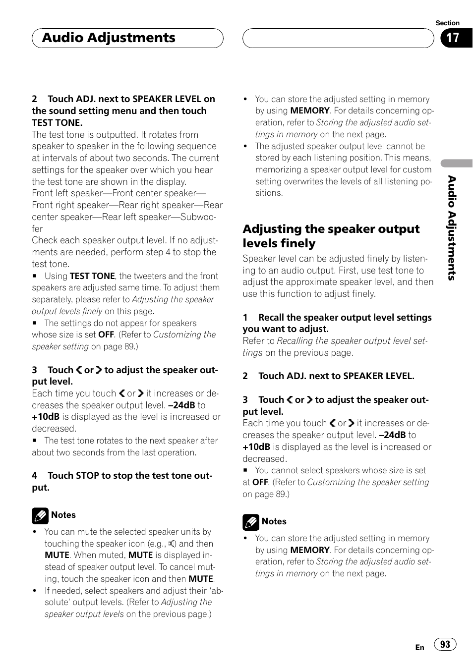 Audio adjustments, Adjusting the speaker output levels finely | Pioneer AVH-P7900DVD User Manual | Page 93 / 137
