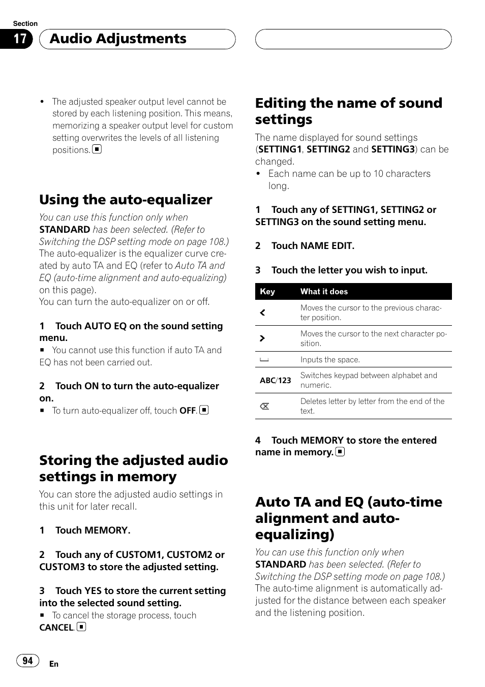 Using the auto-equalizer, Storing the adjusted audio settings in, Memory | Editing the name of sound settings, Auto ta and eq (auto-time alignment and, Auto-equalizing), Auto ta and eq, Audio adjustments | Pioneer AVH-P7900DVD User Manual | Page 94 / 137