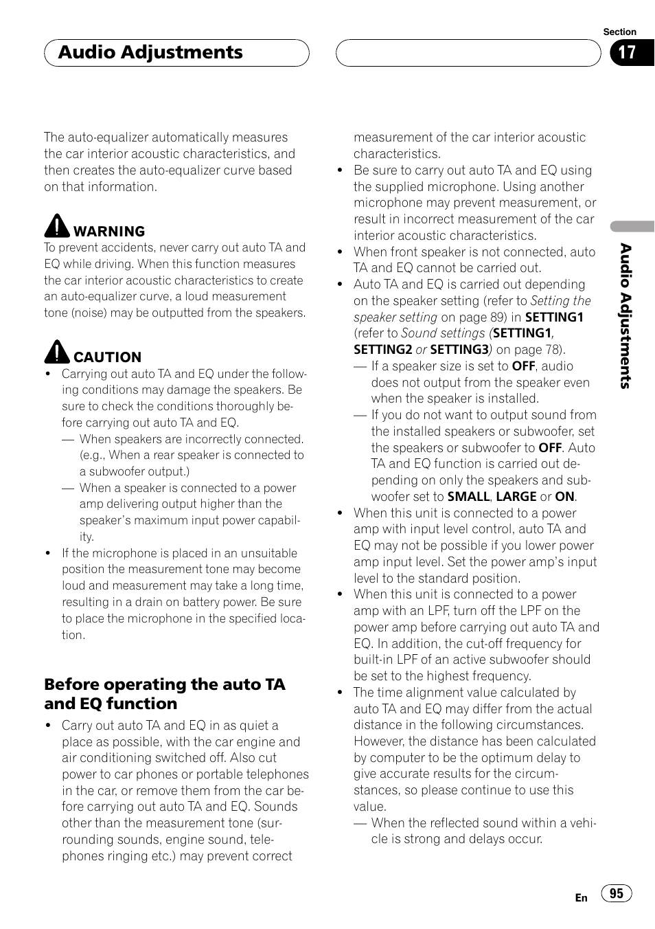 Audio adjustments, Before operating the auto ta and eq function | Pioneer AVH-P7900DVD User Manual | Page 95 / 137