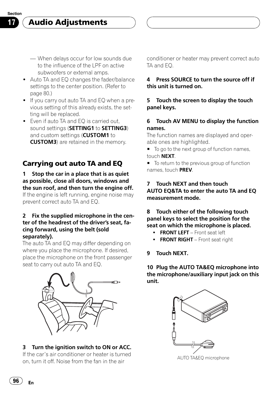 Audio adjustments, Carrying out auto ta and eq | Pioneer AVH-P7900DVD User Manual | Page 96 / 137