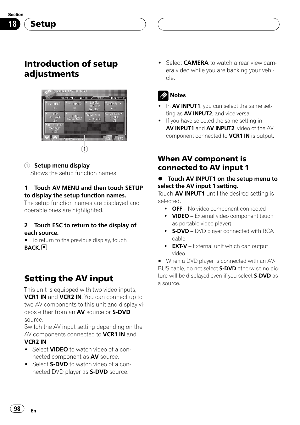 Setup introduction of setup adjustments, Setting the av input, Introduction of setup adjustments | Setup, When av component is connected to av input 1 | Pioneer AVH-P7900DVD User Manual | Page 98 / 137