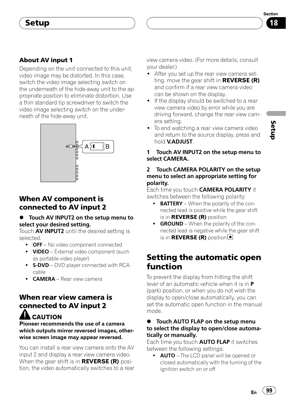 Setting the automatic open function, Setup, When av component is connected to av input 2 | When rear view camera is connected to av input 2 | Pioneer AVH-P7900DVD User Manual | Page 99 / 137