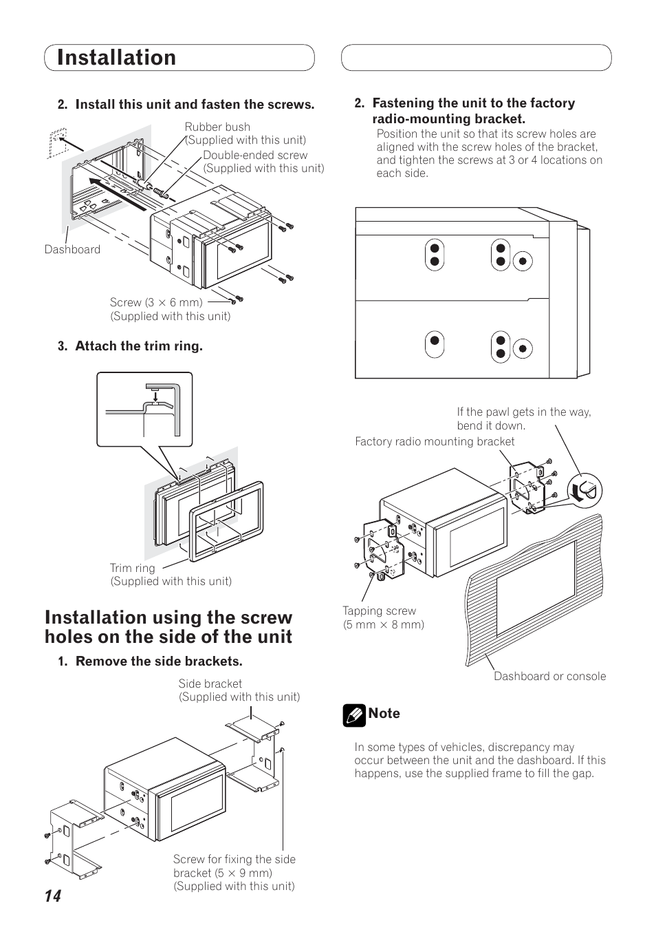 Installation using the screw holes, On the side of the unit, Installation | Pioneer AVH-P4200DVD User Manual | Page 14 / 100