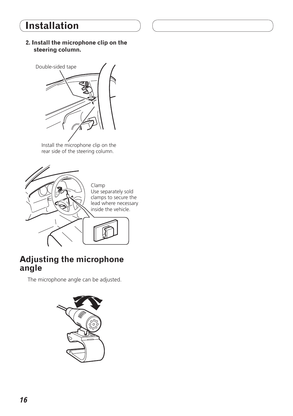 Adjusting the microphone angle, Installation | Pioneer AVH-P4200DVD User Manual | Page 16 / 100