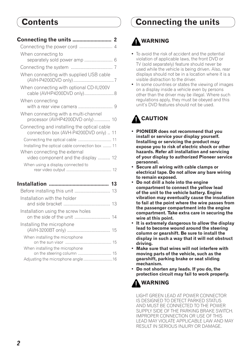English, Contents connecting the units | Pioneer AVH-P4200DVD User Manual | Page 2 / 100