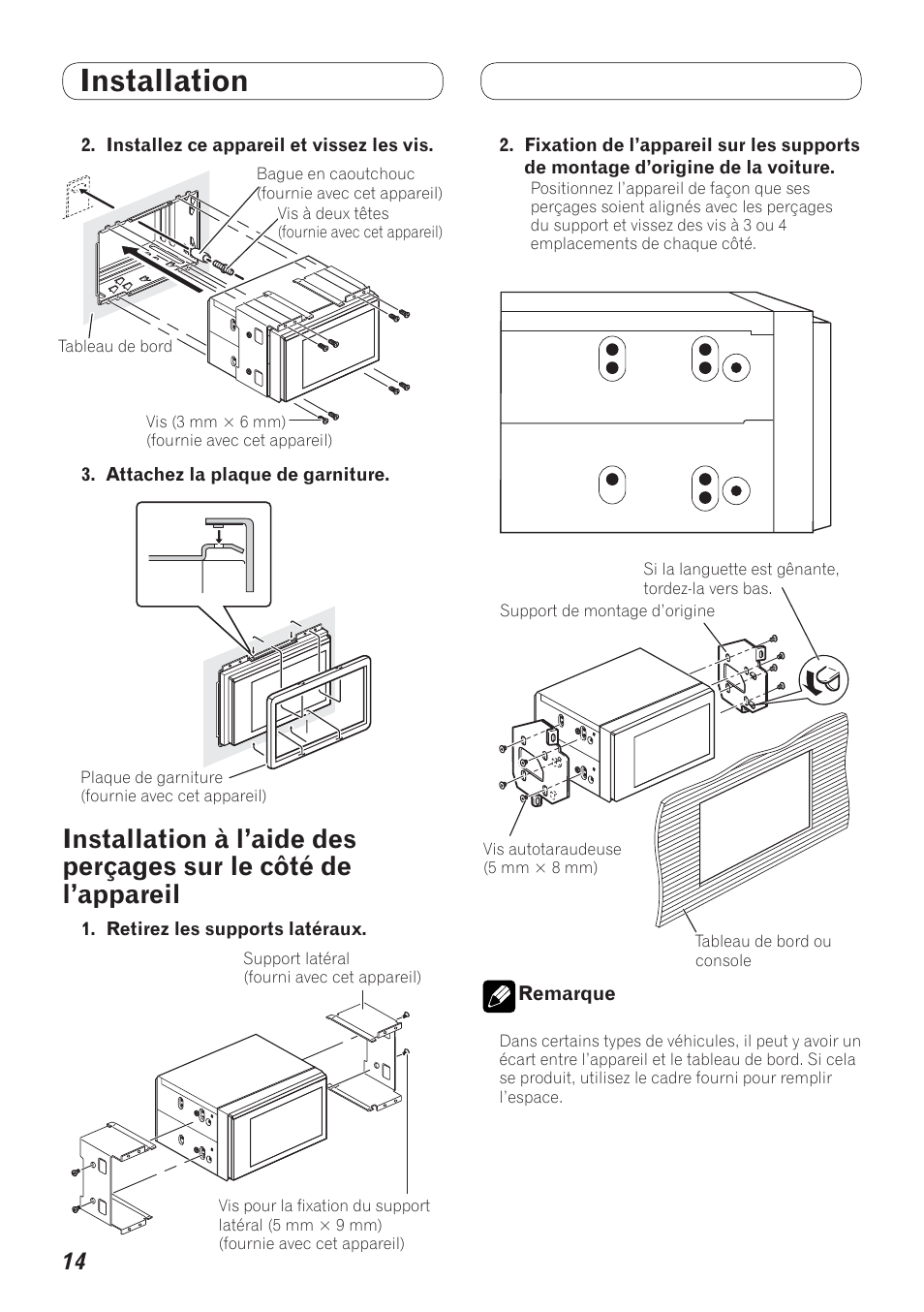 Installation à l’aide des perçages sur, Le côté de l’appareil, Installation | Pioneer AVH-P4200DVD User Manual | Page 30 / 100