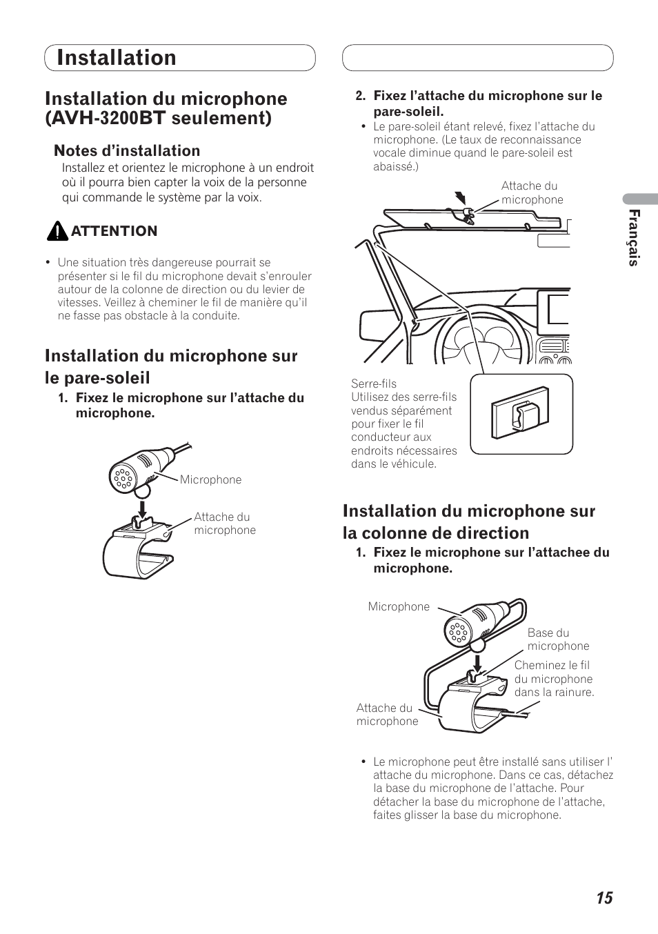 Installation du microphone (avh-3200bt, Seulement), Installation | Installation du microphone (avh-3200bt seulement), Installation du microphone sur le pare-soleil | Pioneer AVH-P4200DVD User Manual | Page 31 / 100