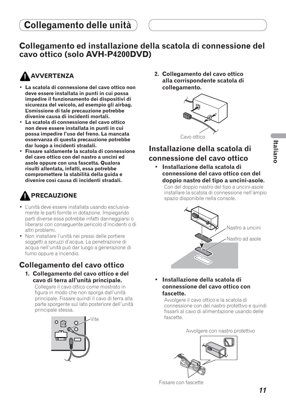 Collegamento ed installazione della scatola, Di connessione del cavo ottico, Solo | Avh-p4200dvd), Collegamento delle unità, Collegamento del cavo ottico | Pioneer AVH-P4200DVD User Manual | Page 43 / 100