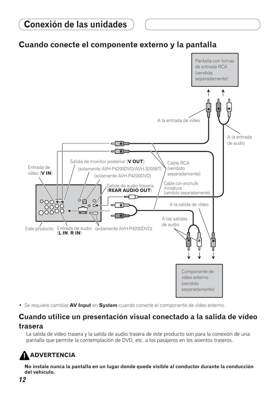 Cuando conecte el componente externo y, Pantalla, Cuando utilice un presentación visual | Conectado a la salida de vídeo trasera, Conexión de las unidades, Cuando conecte el componente externo y la pantalla | Pioneer AVH-P4200DVD User Manual | Page 60 / 100