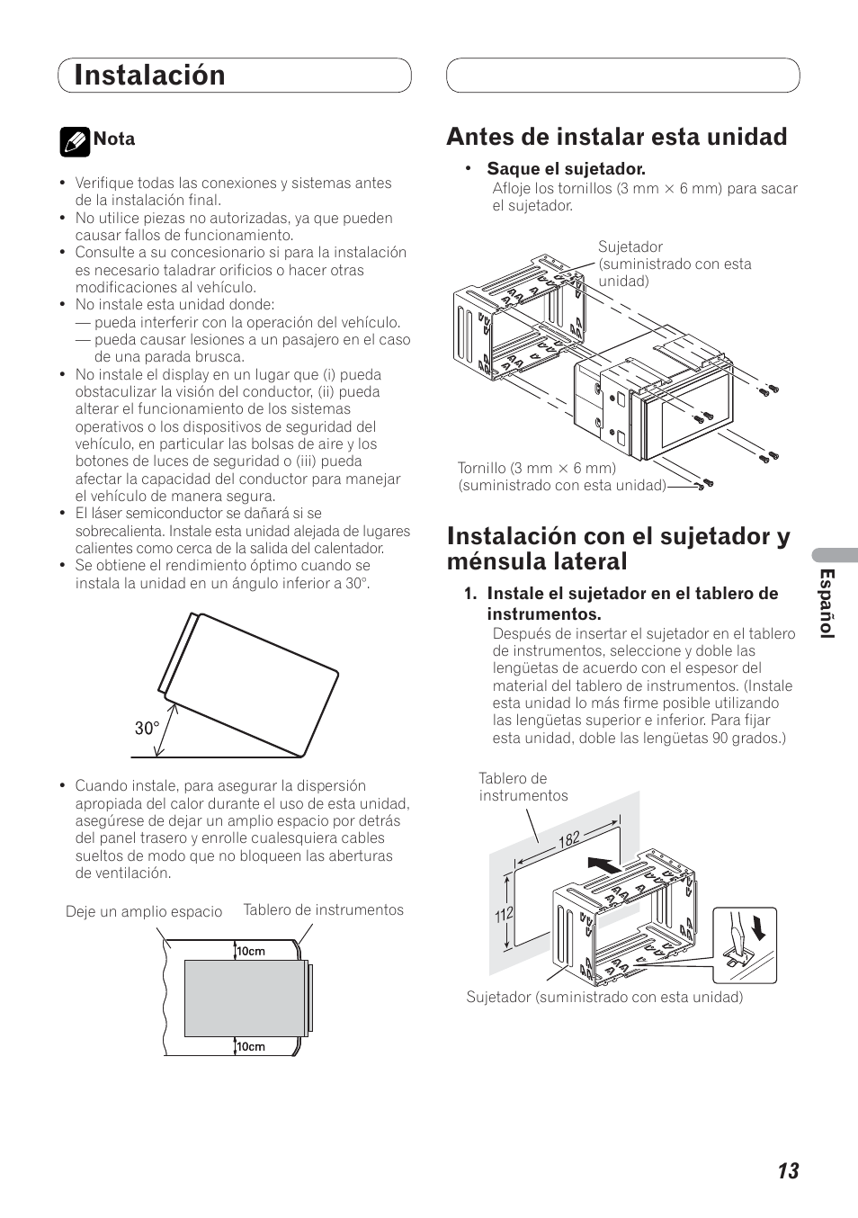Instalación, Lateral, Antes de instalar esta unidad | Instalación con el sujetador y ménsula lateral | Pioneer AVH-P4200DVD User Manual | Page 61 / 100