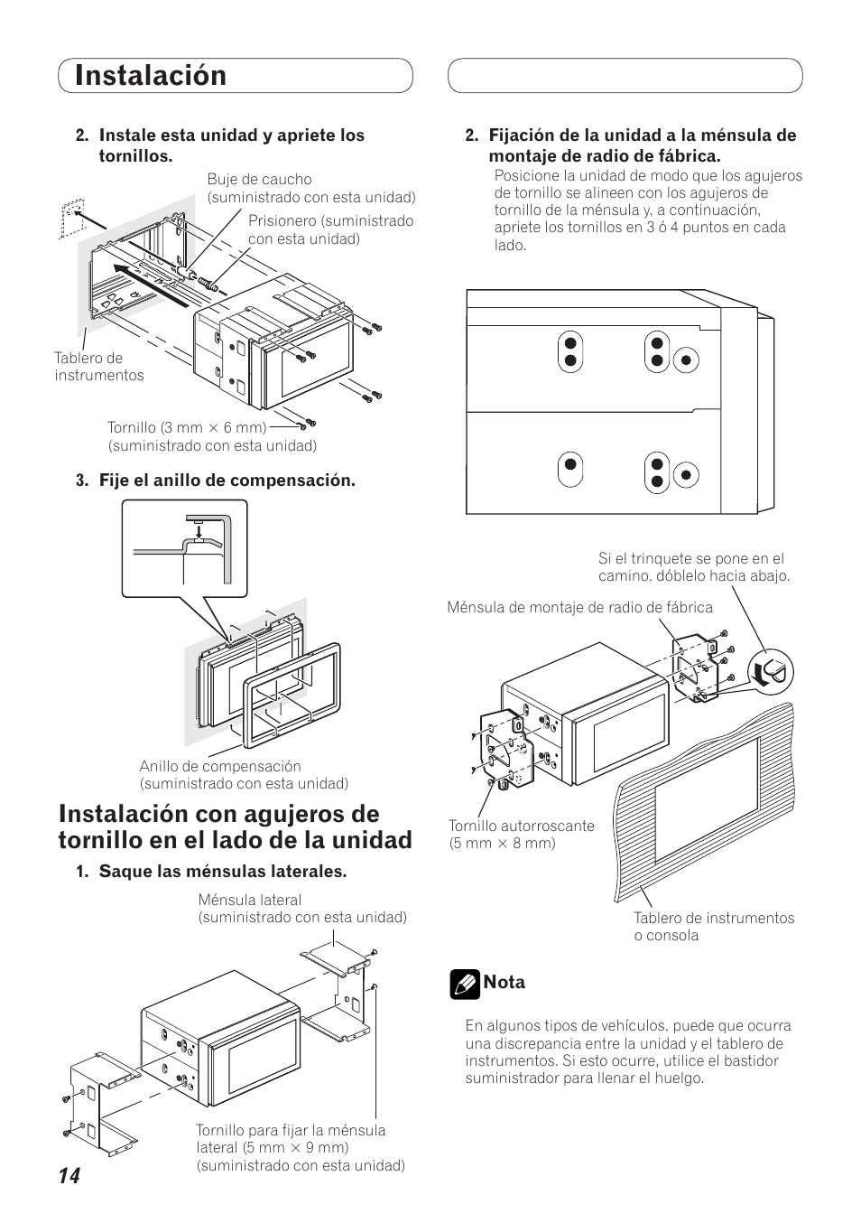 Instalación con agujeros de tornillo en, El lado de la unidad, Instalación | Pioneer AVH-P4200DVD User Manual | Page 62 / 100