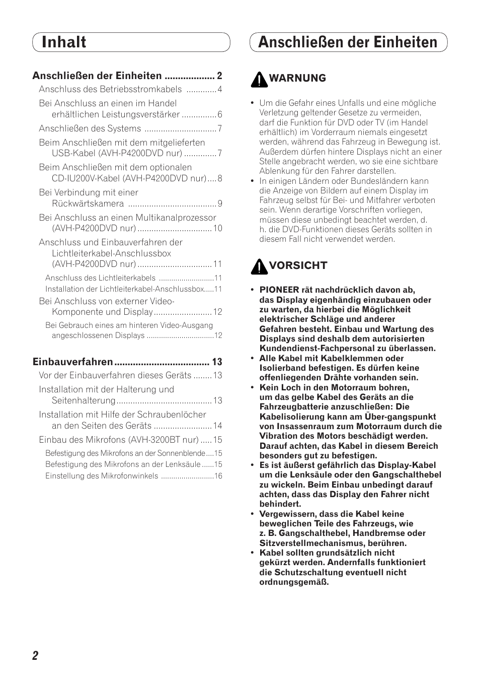 Deutsch, Inhalt anschließen der einheiten | Pioneer AVH-P4200DVD User Manual | Page 66 / 100