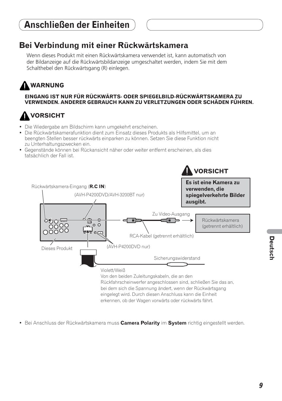 Bei verbindung mit einer, Rückwärtskamera, Anschließen der einheiten | Bei verbindung mit einer rückwärtskamera | Pioneer AVH-P4200DVD User Manual | Page 73 / 100