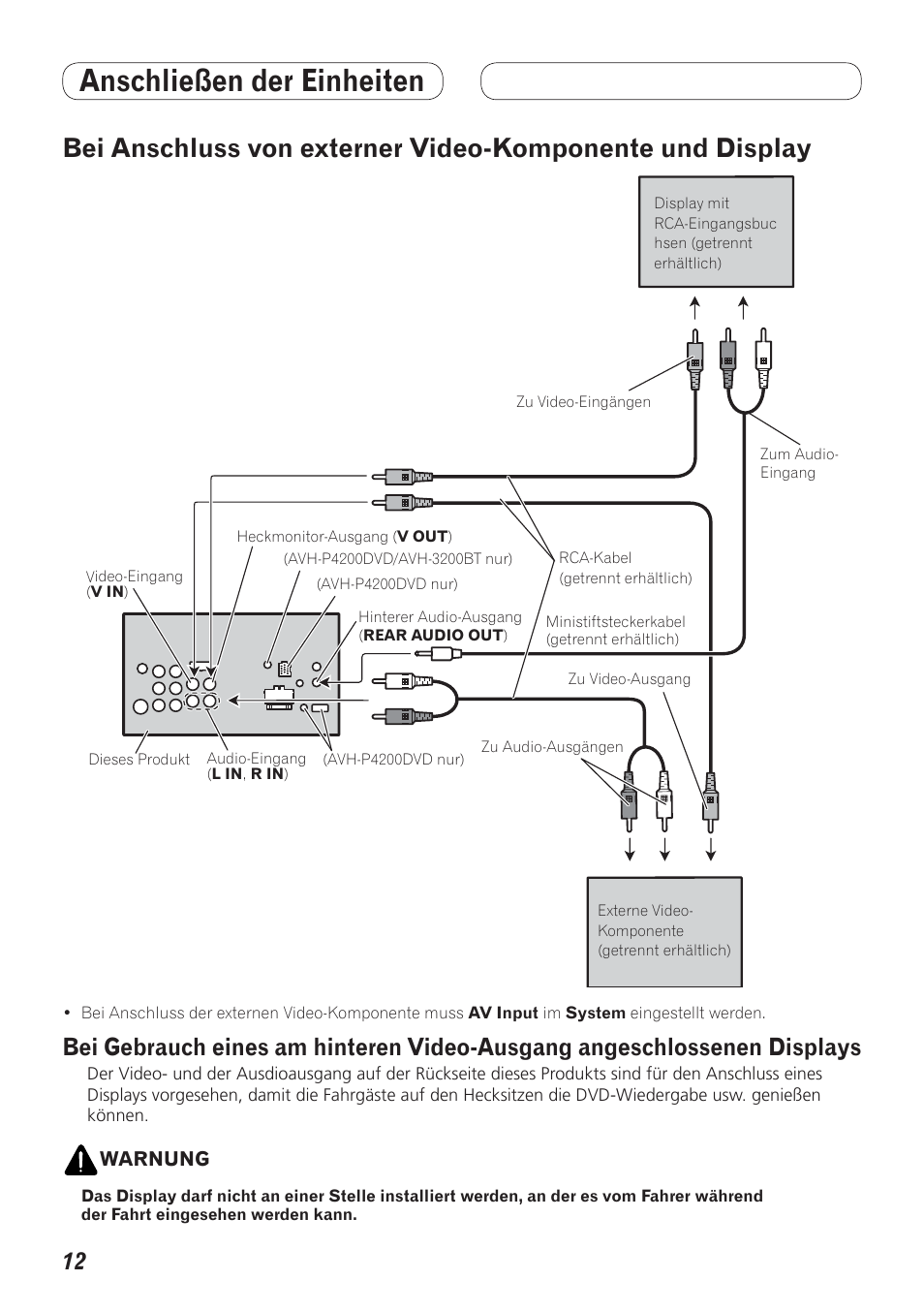 Bei anschluss von externer video, Komponente und display, Anschließen der einheiten | Pioneer AVH-P4200DVD User Manual | Page 76 / 100