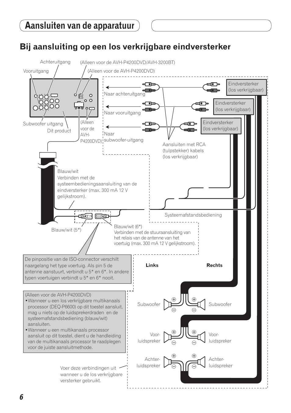 Bij aansluiting op een los verkrijgbare, Eindversterker, Aansluiten van de apparatuur | Pioneer AVH-P4200DVD User Manual | Page 86 / 100