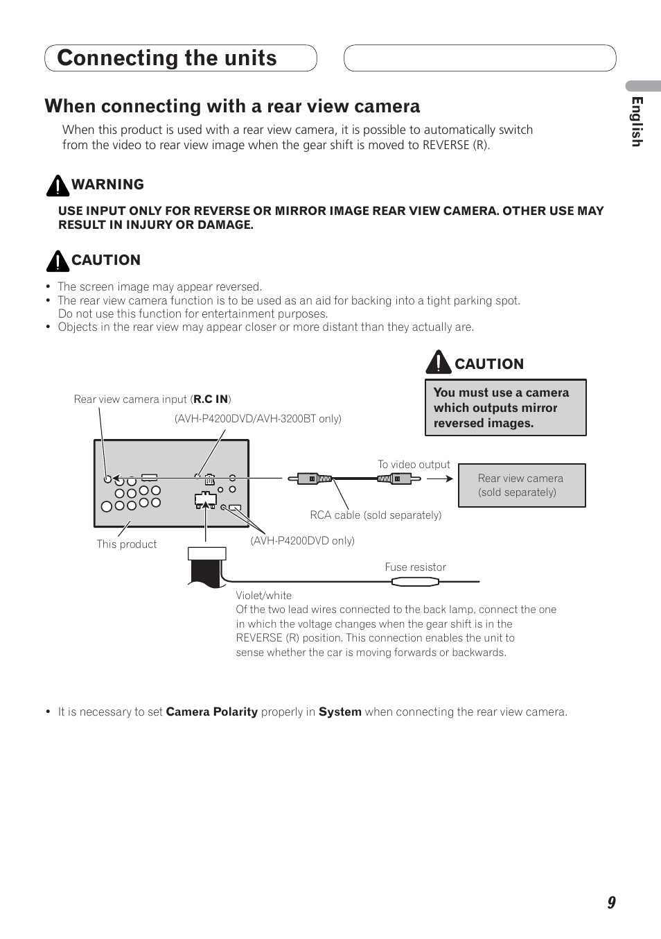 When connecting, With a rear view camera, Connecting the units | When connecting with a rear view camera | Pioneer AVH-P4200DVD User Manual | Page 9 / 100