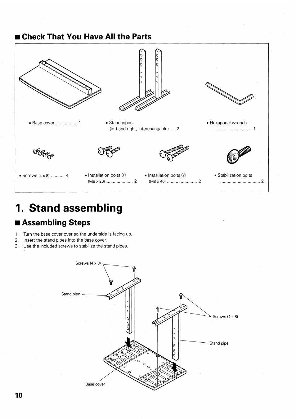 Check that you have all the parts, Stand assembling, Assembling steps | Pioneer PDK-TS01 User Manual | Page 10 / 64