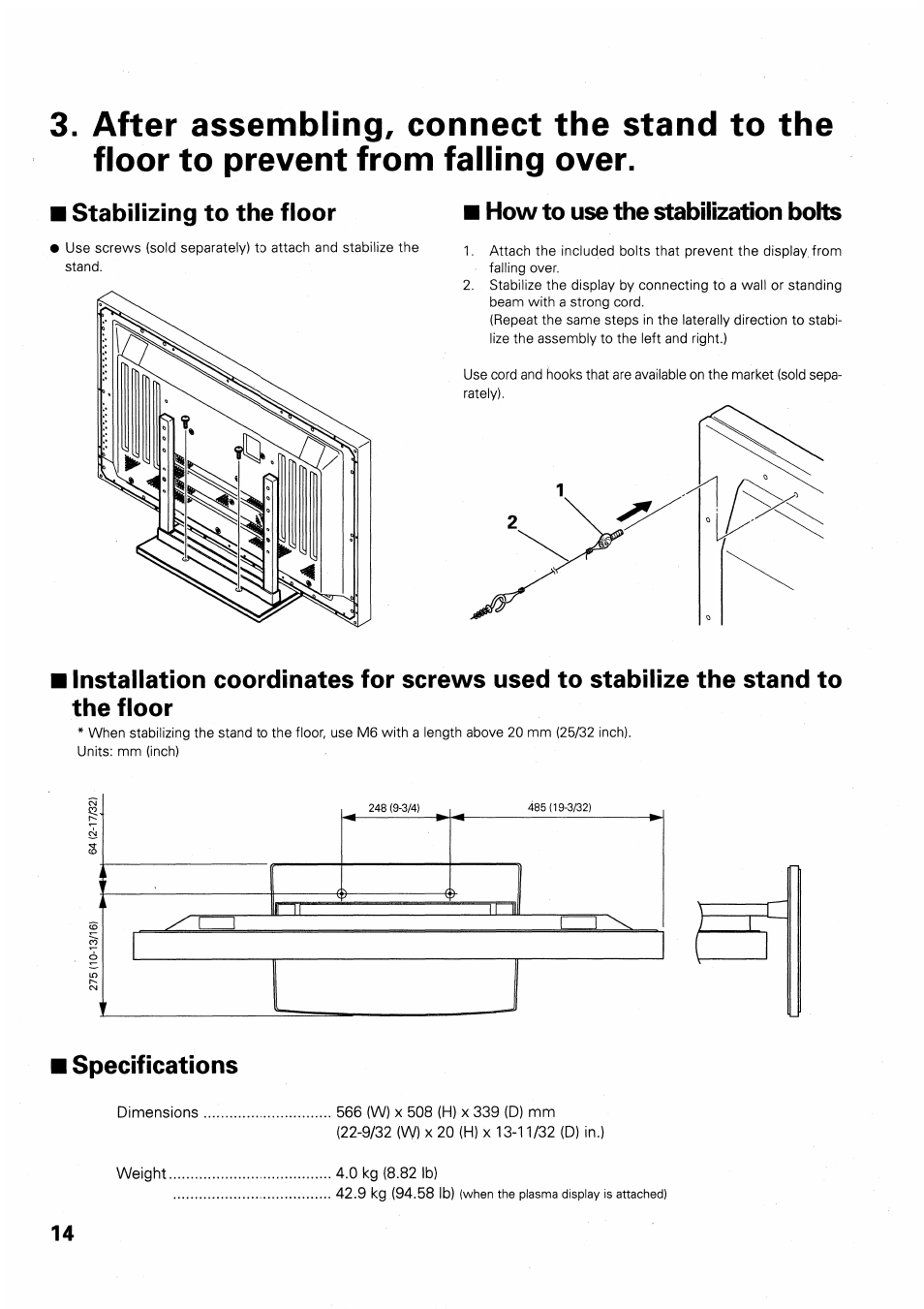 Stabilizing to the floor, How to use the stabilization bolts, Specifications | Pioneer PDK-TS01 User Manual | Page 14 / 64