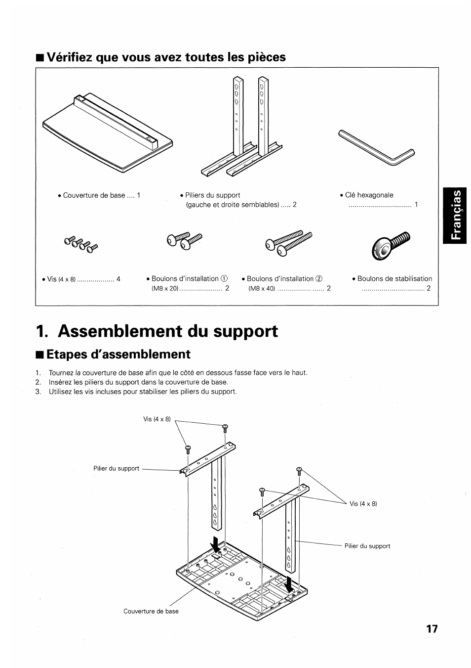 Vérifiez que vous avez toutes les pièces, Assemblement du support, Etapes d'assemblement | Pioneer PDK-TS01 User Manual | Page 17 / 64