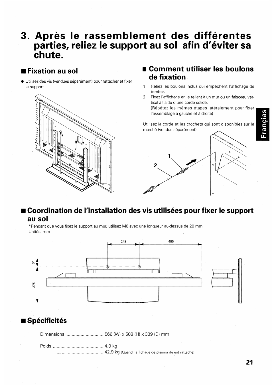 Fixation au sol, Comment utiliser les boulons de fixation, Spécificités | Pioneer PDK-TS01 User Manual | Page 21 / 64