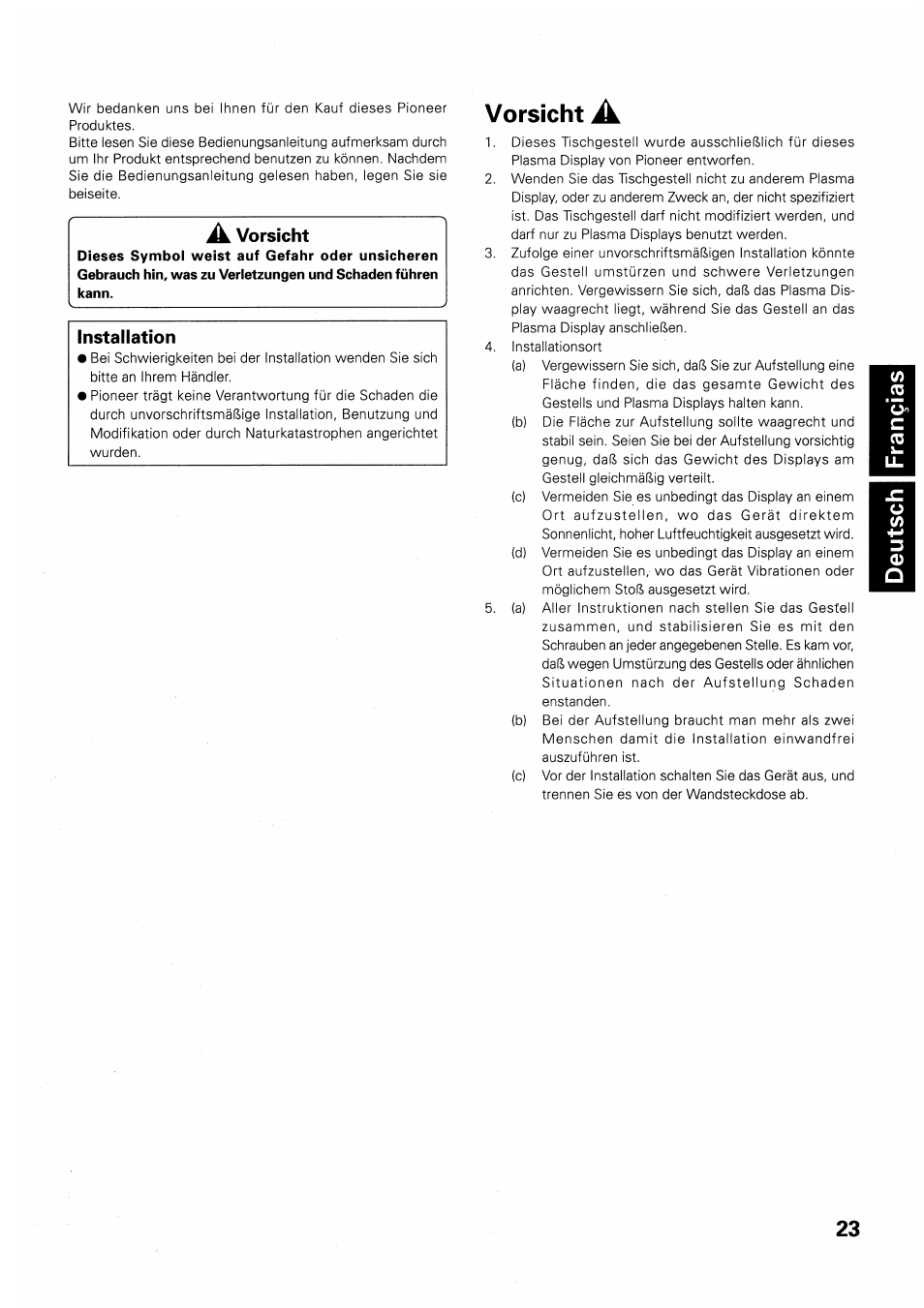 Vorsicht, Installation | Pioneer PDK-TS01 User Manual | Page 23 / 64