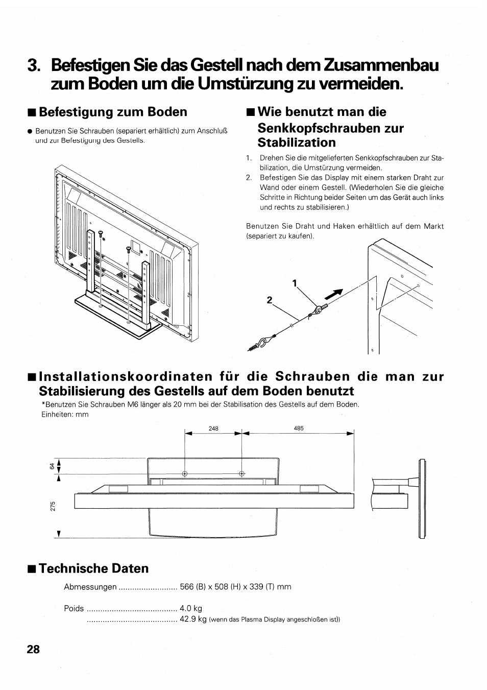 I befestigung zum boden, Technische daten, Befestigung zum boden | Pioneer PDK-TS01 User Manual | Page 28 / 64