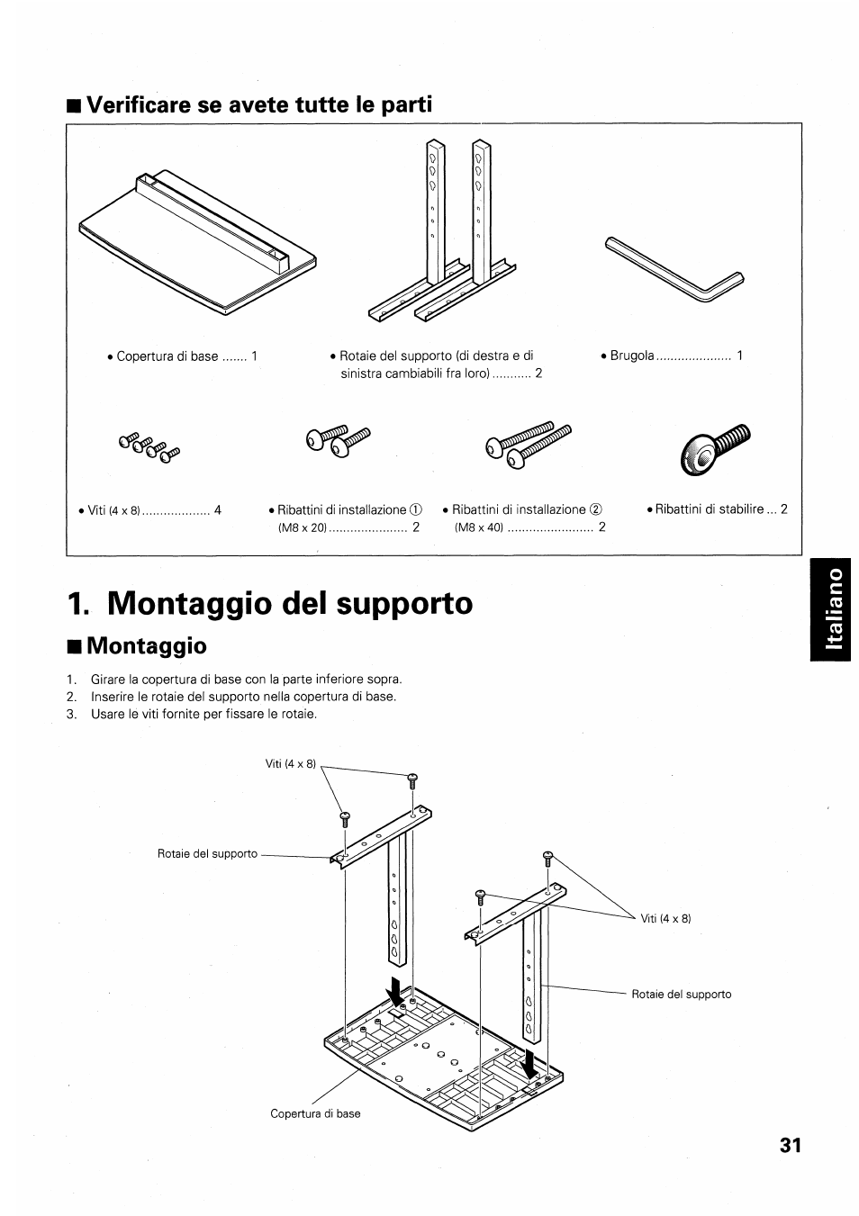 Verificare se avete tutte le parti, Montaggio del supporto, Montaggio | Pioneer PDK-TS01 User Manual | Page 31 / 64